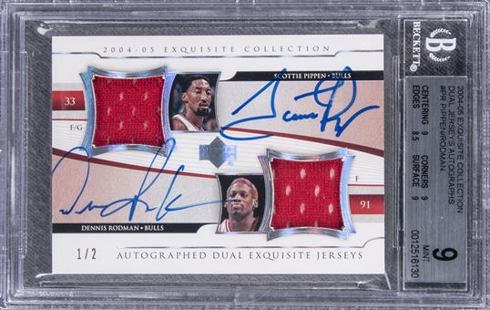 2004-05 UD "Exquisite Collection" Dual Jerseys Autographs #PR Scottie Pippen/Dennis Rodman Dual Signed Game Used Patch Card (#1/2) – BGS MINT 9/BGS 8 